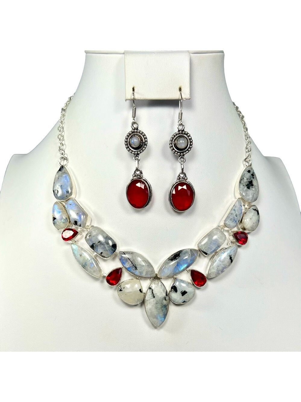 Rainbow Moonstone 925 Large Gemstone Necklace & Earrings